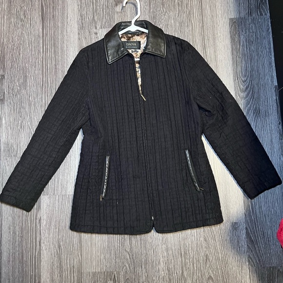 Dana Buchman Black Quilted Genuine Leather Trim Collar Zip Mid-Length Coat M - Picture 1 of 12